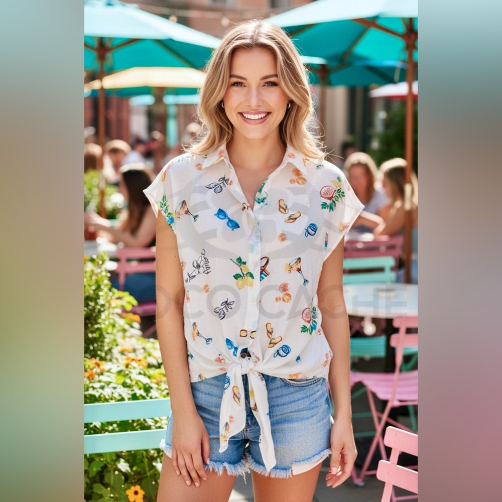Women's White Vacation Print Button-Up Sleeveless Top